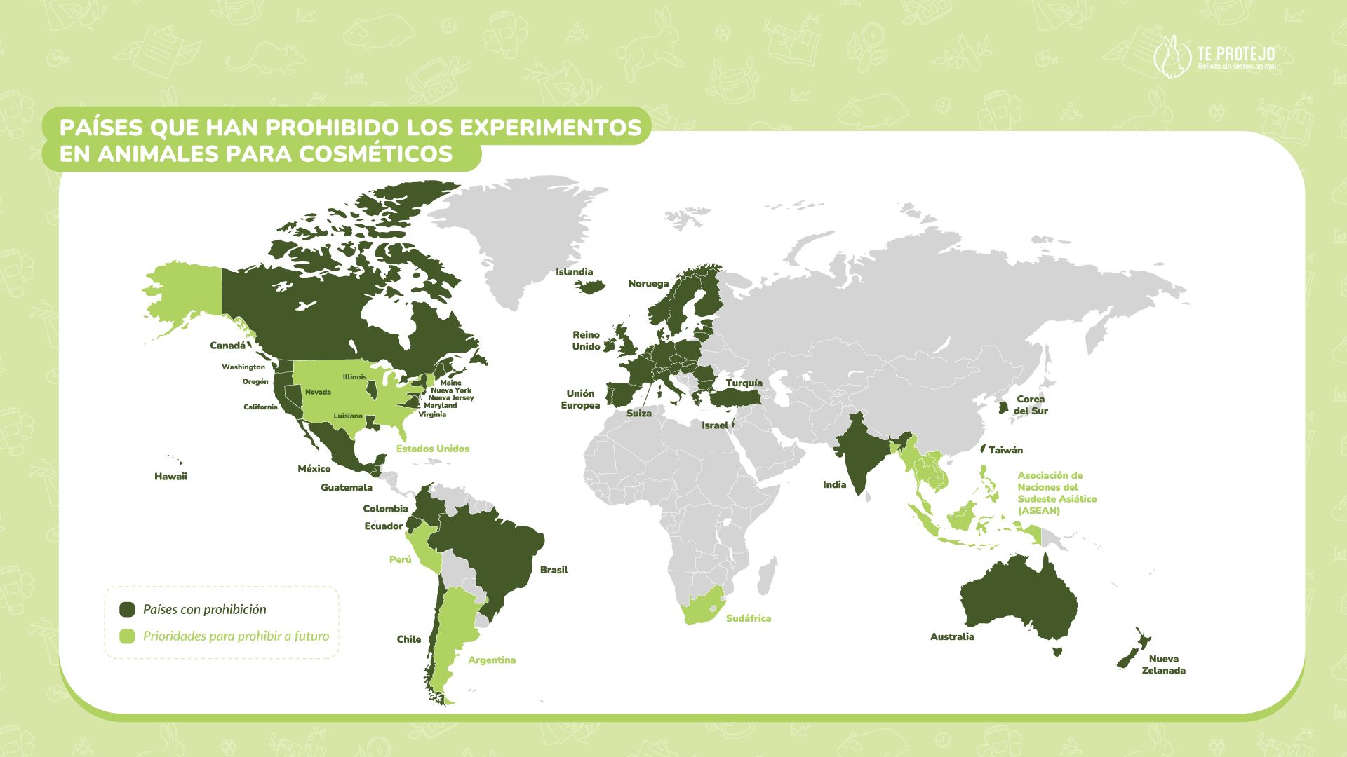 Pa&iacute;ses donde est&aacute; prohibido experimentar en animales con cosm&eacute;ticos.
