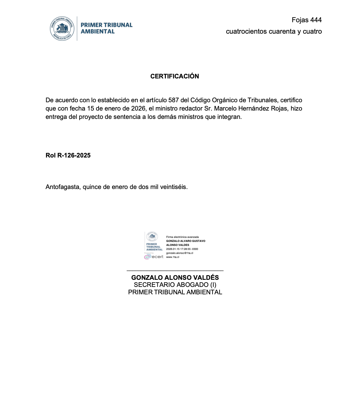 Certificaci&oacute;n Primer Tribunal Ambiental