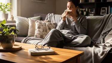 Mujer tomando café sobre un sillón.&nbsp;