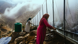 Mujeres marroquíes capturan agua potable a través de la niebla con innovador sistema de mallas instaladas en lo alto de la cordillera. Mujeres marroquíes capturan agua potable a través de la niebla con innovador sistema de mallas instaladas en lo alto de la cordillera.