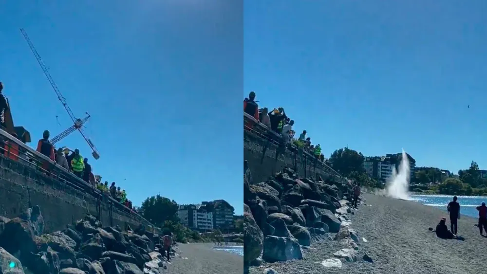 VIDEO| Enorme grúa pluma se desploma en Puerto Varas y cae a las aguas del Lago Llanquihue