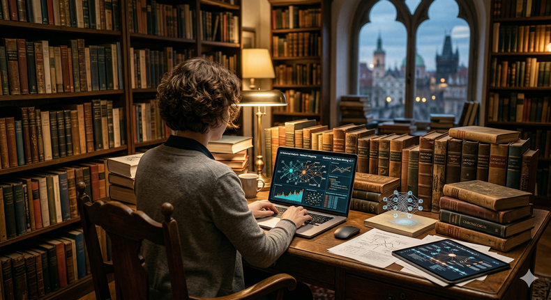 Imagen de una persona en un escritorio con un notebook y libros