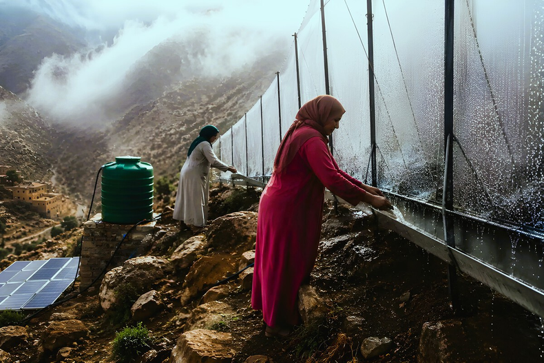 Mujeres marroquíes capturan agua potable a través de la niebla con innovador sistema de mallas instaladas en lo alto de la cordillera.&nbsp;