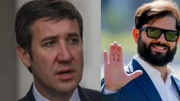 A la izquierda, el diputado y presidente de la UDI Guillermo Ramírez. A la derecha: el expresidente Gabriel Boric. Créditos: Agencia Uno.