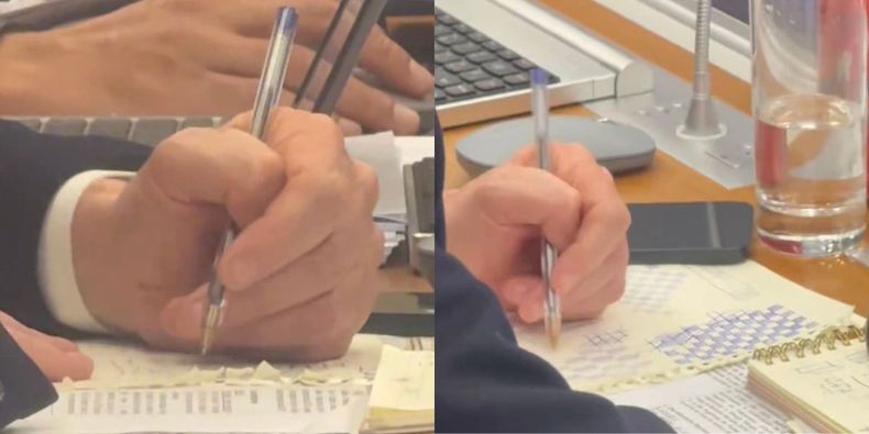Ministro de Hacienda, Jorge Quiroz, haciendo rayados en sus apuntes durante maratónica sesión en comisión de Hacienda de la Cámara.&nbsp;