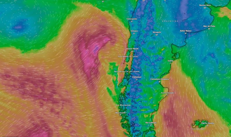 Extenso sistema frontal traerá lluvias y vientos a la zona centro sur - Captura de Windy.com