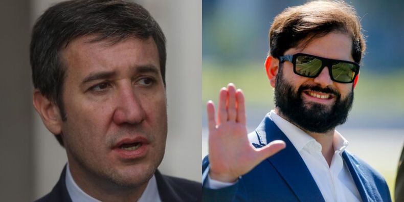 A la izquierda, el diputado y presidente de la UDI Guillermo Ramírez. A la derecha: el expresidente Gabriel Boric. Créditos: Agencia Uno.