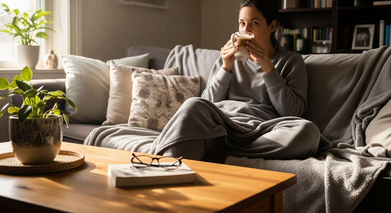 Mujer tomando café sobre un sillón.&nbsp;