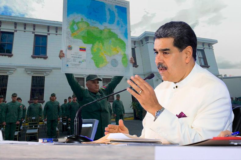 Presidente de Venezuela Nicolas Maduro y nuevo mapa de Venezuela donde anexiona la region reclamada de Esequibo.jpg